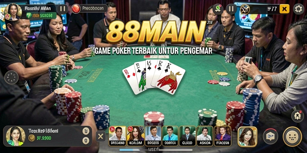 Screenshot gameplay Poker 88MAIN dengan desain grafis memukau dan interaksi pemain.