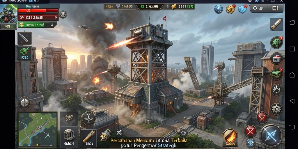 Screenshot utama CRS99 menunjukkan pertahanan menara yang dinamis dan serangan musuh yang intens.