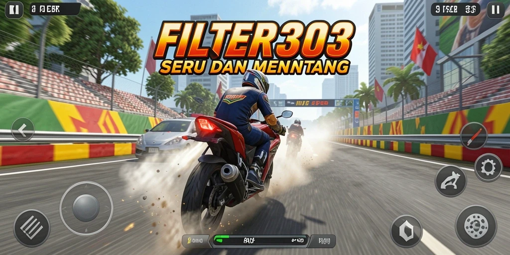 Tampilan gameplay menegangkan di FILTER303 dengan balapan motor cepat.
