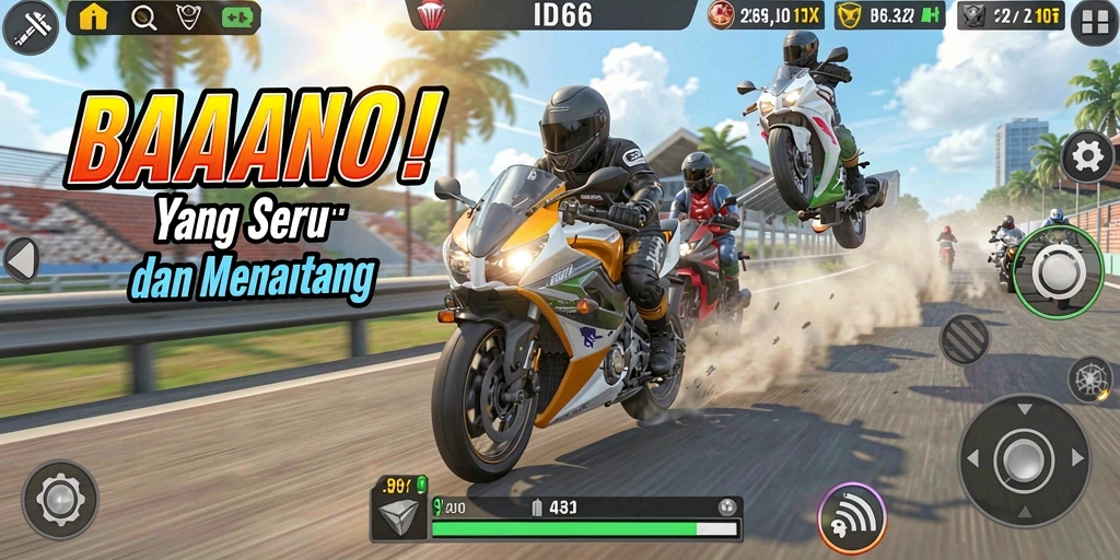 Gameplay seru di balapan motor dengan berbagai trek menarik.