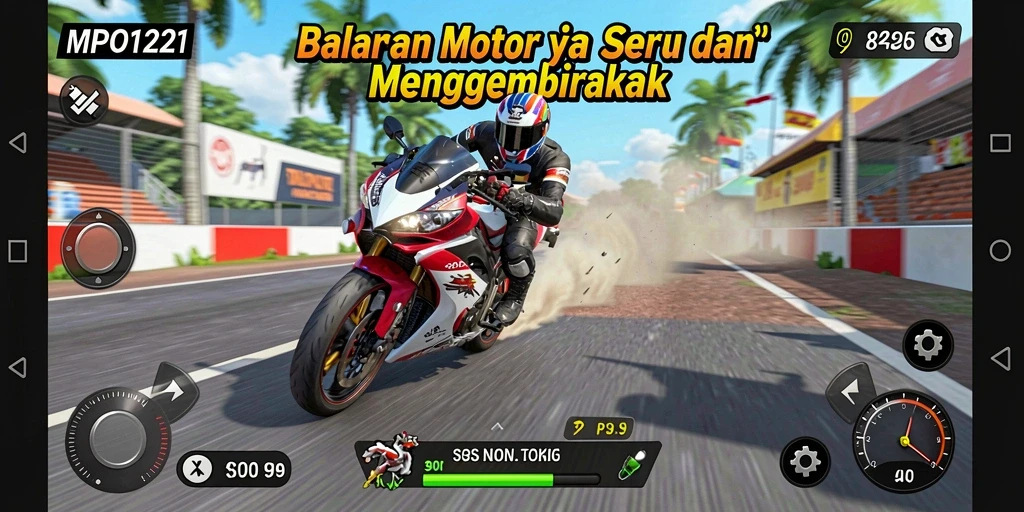 Screenshot MPO1221 menunjukkan aksi balapan motor yang mendebarkan.