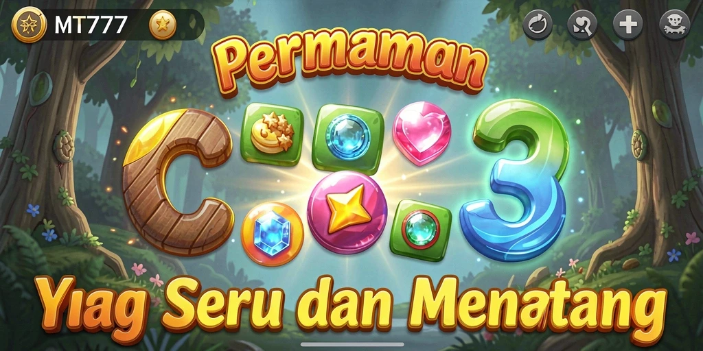 Screenshot menampilkan gameplay Match-3 yang penuh warna dan menarik.