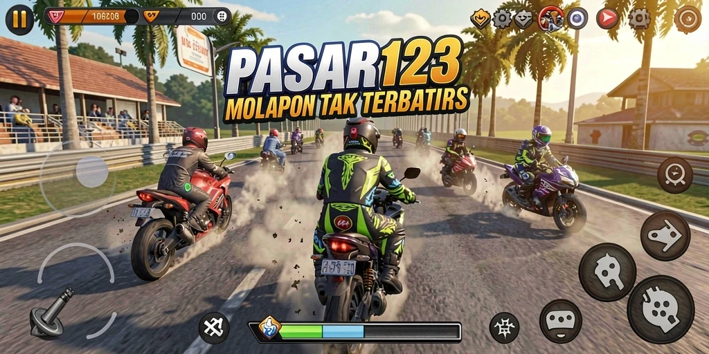 Tampilan gameplay PASAR123 dengan aksi balapan motor seru.