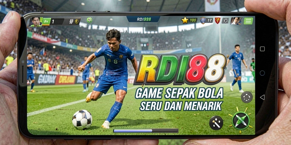 Tangkapan layar utama RDI88 menunjukkan aksi seru di lapangan sepak bola.