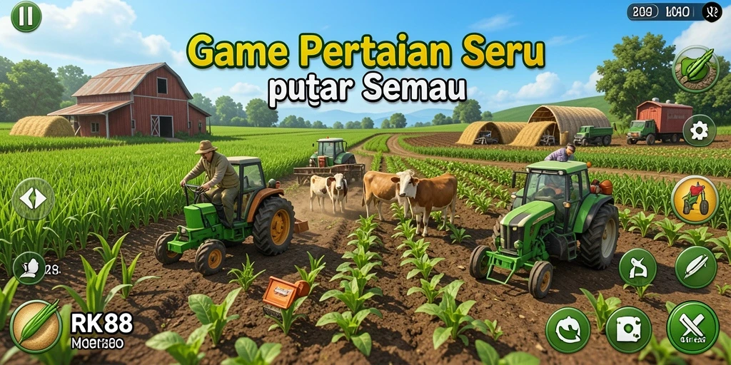 Gameplay seru dalam RK88 dengan aktivitas bertani menyenangkan.