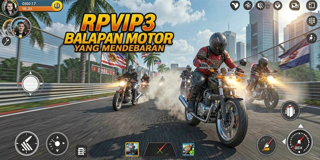 Tampilan gameplay RPVIP3 yang mendebarkan dan penuh aksi balapan motor.