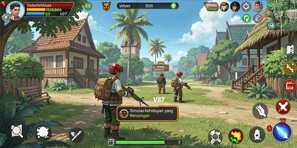 Screenshot utama V87 menunjukkan interaksi karakter dalam dunia simulasi.