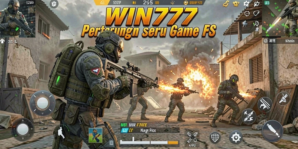 Screenshot utama WIN777 menunjukkan gameplay seru dengan aksi menembak yang intens.