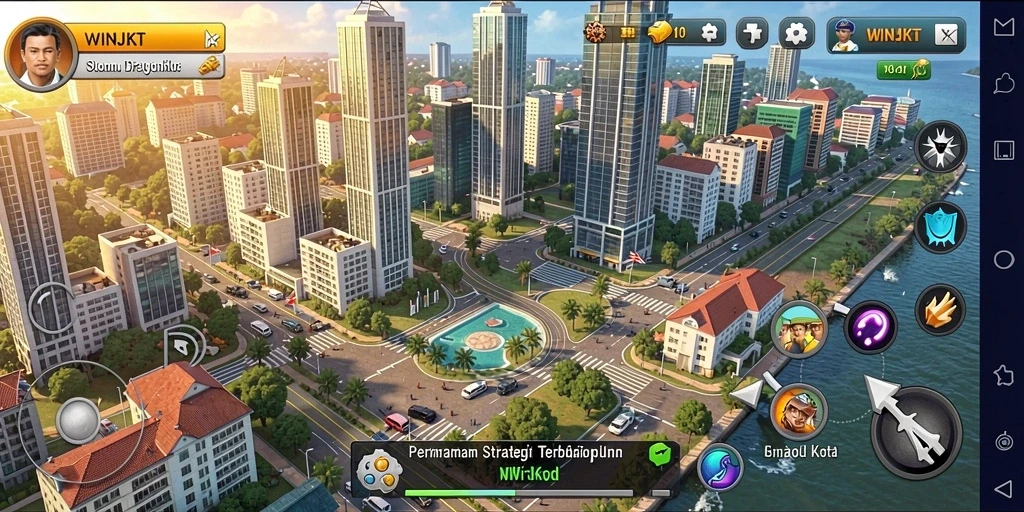 Screenshot gameplay WINJKT yang menunjukkan pembangunan kota.